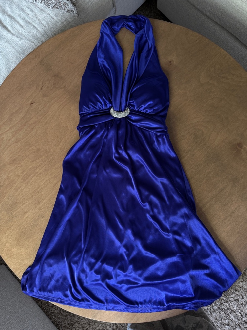 Vintage mymichelle Royal Blue Halter Satin Evening Dress with Embellished Waist